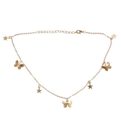 Unique Bargains Delicate Butterfly Star Pendant Chain Choker Necklace for  Women Gold Tone 1PC