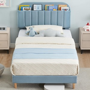 Children's bed, upholstered single bed frame with storage headboard and slatted frame, velvet upholstered, suitable for beds for boys and girls - 1 of 4