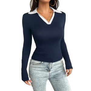 Women's Color Block V Neck Polo Shirts Slim Fit Stretchy Bodycon Tops Business Casual Collared Work Shirts - 1 of 4