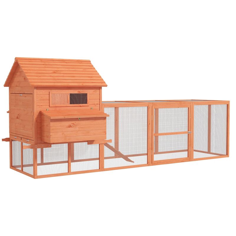 PawHut 145" Chicken Coop Large Chicken House Rabbit Hutch Wooden Poultry Cage Pen Garden & Backyard with Run & Inner Hen House Space, 1 of 9
