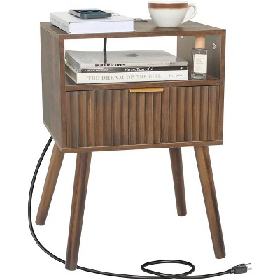 Mid Cetury Modern Nightstand with Charging Station, Fluted Bedside Table with Storage