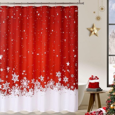 Christmas Shower Curtain 72x72, Red Snowflake Floral Fabric, Water-Resistant, Machine Washable, 12 Metal Grommets, Holiday Bathroom Decor