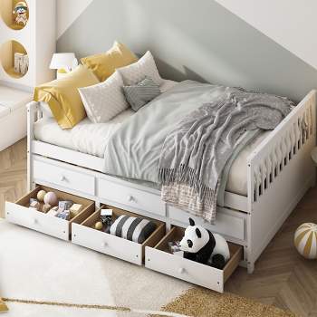 Costway Full Daybed Frame with Twin Trundle Bed & 3 Storage Drawers Wood Sofa Bed White