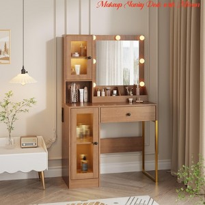 Bedroom Makeup Vanity Desk w/ Mirror and Lights, Vanity Table w/ Charging Station, RGB Lights Wood Dressing Table - 1 of 4