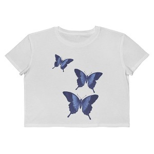 Rerun Island Women's Indigo Butterflies Short Sleeve Graphic Cotton Cropped Loose T-shirt - Bright White L - 1 of 4