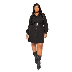 Slickblue Black Satin Effect Belted Jacket Dress - Chic Plus Size Dress for Formal & Office Wear, Size 1XL-3XL - 1 of 4