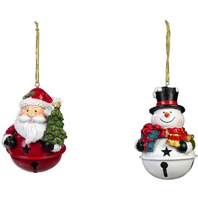 Evergreen Polyresin Holiday Icons on Bells Ornament, Set of 2: Santa/Snowman