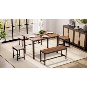 5-Piece Extendable Dining Table Set for 4-8 People,Kitchen Table with 2 Benches & 2 Stools, Space Saving Modern Dining Room Furniture,Metal Frame - 1 of 4