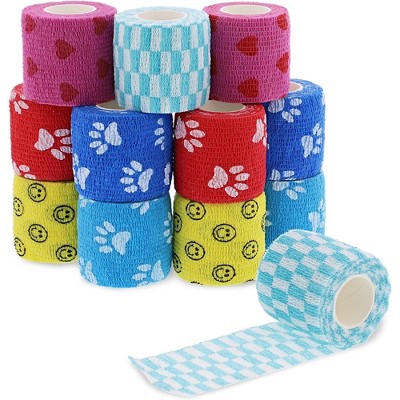 Juvale 12 Rolls Colorful Adhesive Bandage Wraps, 2 Inch x 5 Yards Cohesive Vet Tape for First Aid, Paw Prints