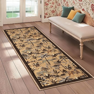 Washable Tiger Runner Rug for Kitchen Non-Slip Non-Shedding Animal Floral Long Carpet, Low Pile Botanical Floor Covering