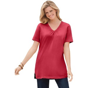 Woman Within Plus Size Perfect Short-Sleeve Shirred V-Neck Tunic - 1 of 4