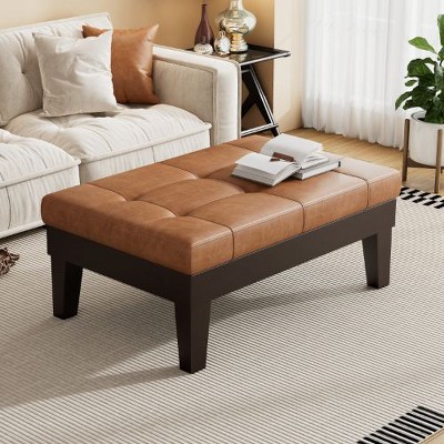 CAVINAS Ottoman Bench with Hidden Storage Drawer, Leather Upholstery Ottoman, Oversized Ottoman with Slide-Out Drawer & Tapered Hardwood Legs