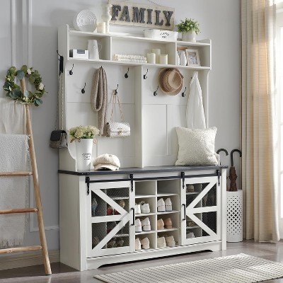 SinCiDo 59" Shoe Racks with 20 Shoe Cubbies & 12 Coat Hooks & Sliding Barn Doors, Farmhouse Entryway Hutch, White
