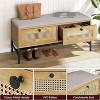 Rattan Shoe Bench, 39.3" Entryway Bench with 2 Storage Drawers Wooden Storage Bench with Linen Seat Cushion Shoe Bench - 3 of 4