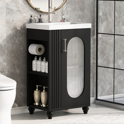ALEXOUN 20" Bathroom Vanity with Ceramic Sink,Bathroom Cabinet with Toilet Paper Holder & Open Shelf Two Drawers and Glass Door,for Small Space