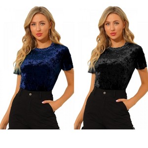 INSPIRE CHIC Women's Velvet Crew Neck Short Sleeve Casual Blouse 2 Packs - 1 of 4