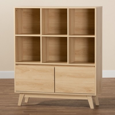 Danina Oak Brown Wood Bookshelf with Doors and Cubes