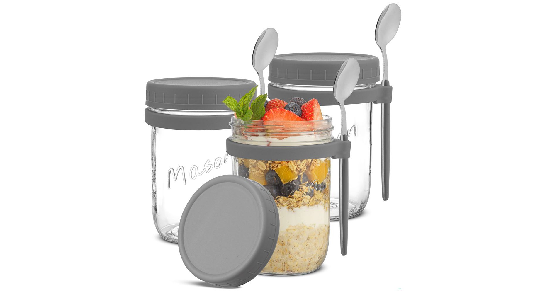 JoyJolt Dawn Glass Overnight Oats Containers - Grey