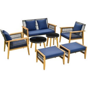 Tangkula 7PCS Conversation Set Rattan Woven Chair Set w/ 2 Coffee Tables & 2 Ottomans - 1 of 4