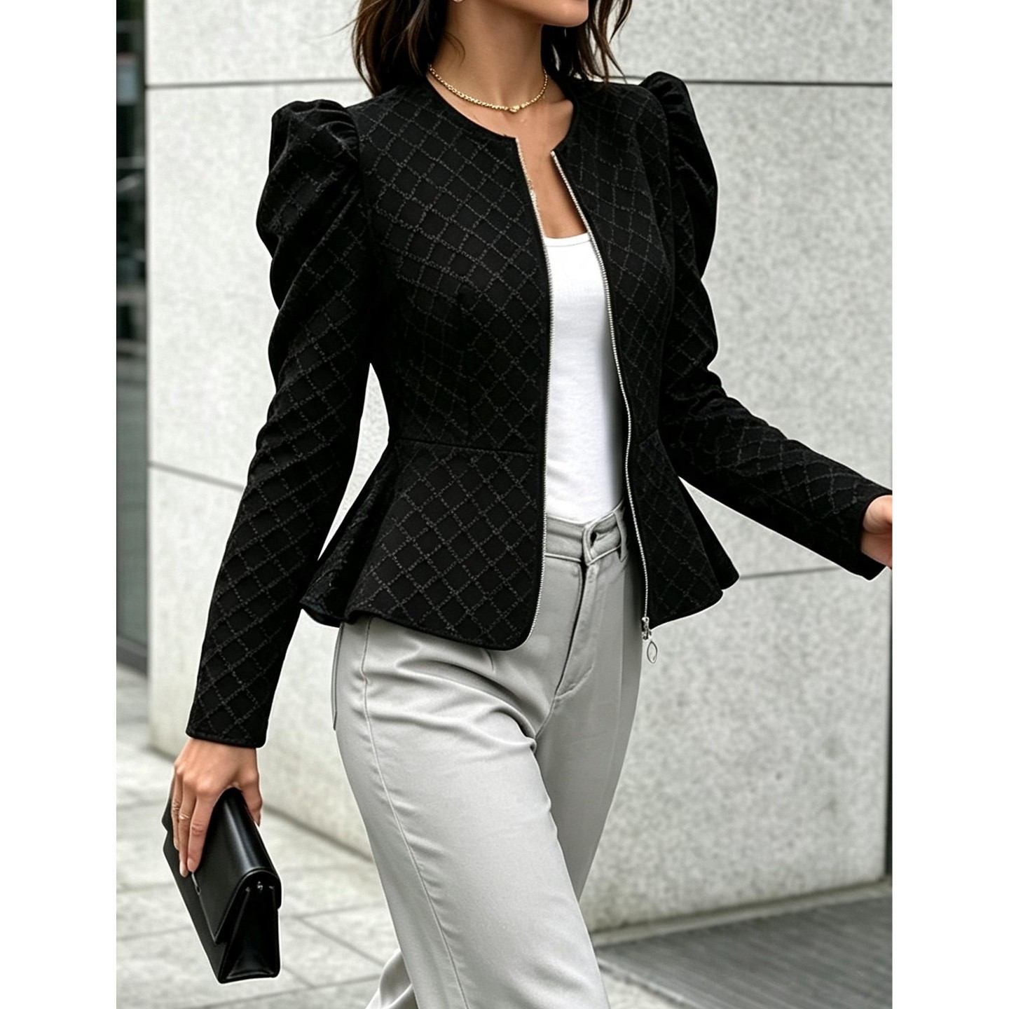 Женская куртка YesFashion Women Puff Sleeve Zip Up Peplum Jacket Elegant Textured Outerwear, Black, цвет: Чёрный — фото 2