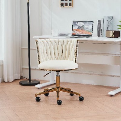 CAVINAS Modern Upholstered Home Office Desk Chair, Velvet Adjustable Office Chair with Handwoven Backrest and Adjustable Swivel Wheels