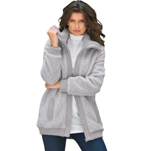 Roaman's Women's Plus Size Textured Fleece Bomber Coat - 2x, Gray : Target