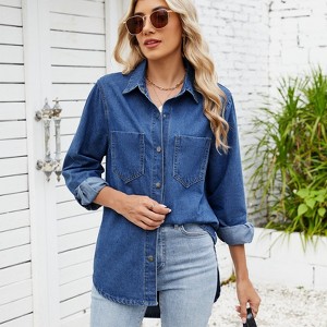 Women's Loose Button Down Denim Jacket Casual Long Sleeve Shirt Front Pocket Open Front Jacket - 1 of 4