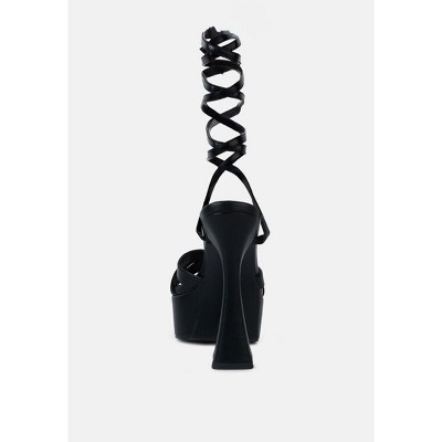 Black Faux Leather High Platform Sandal with Ankle Strap