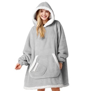 Joyfy Adults Wearable Blanket Hoodie for Women Men Giant Pocket Sleeves FlaWarm Oversized Fleece Winter Sweatshirt Blanket Birthday Gift GRAY - 1 of 4