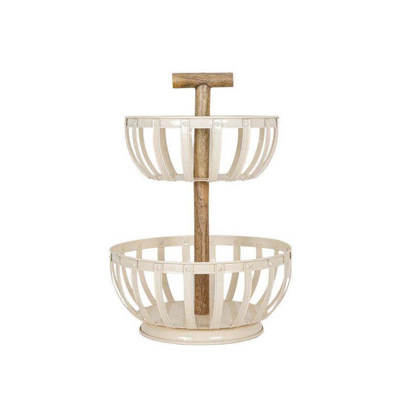 2 Tiered Countertop Kitchen Basket White Metal & Wood by Foreside Home & Garden, 1 of 9
