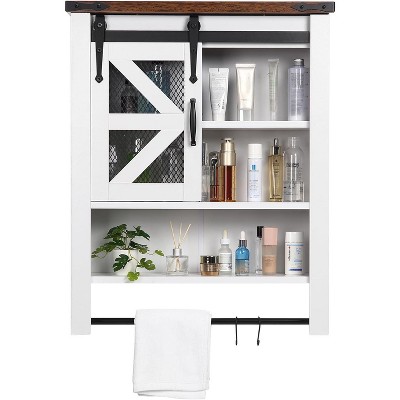 Farmhouse Wall Mounted Medicine Cabinet with Sliding Barn Door, Adjustable Shelf & Towel Bar for Bathroom Laundry Kitchen