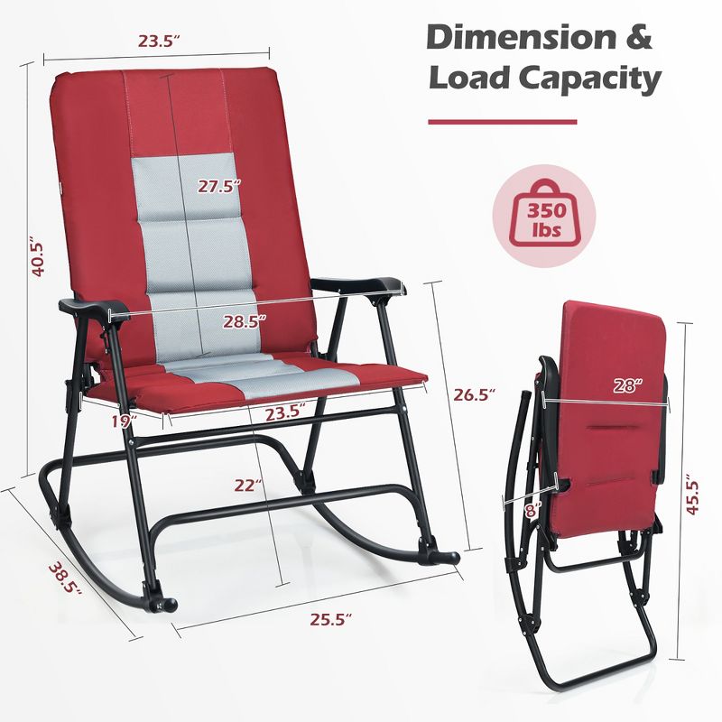 Costway Set of 2 Padded Folding Rocking Chairs Patio Garden Yard Camping Red/Blue, 3 of 11