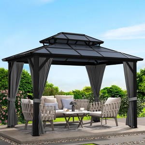 10x13 FT Outdoor Gazebo with Polycarbonate Double Roof, Aluminum Frame Pergola with Curtains and Netting for Patio, Garden, Patio, Lawns, Khaki - 1 of 4