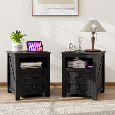 MUUEGM 18" Farmhouse Nightstand| Rustic Wooden End Table with 2 Drawers and Charging Station