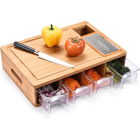 Bamboo Cutting Board for Kitchen 4 Pieces Wood Chopping Board Set with  Juice Grooves, Storage Holder