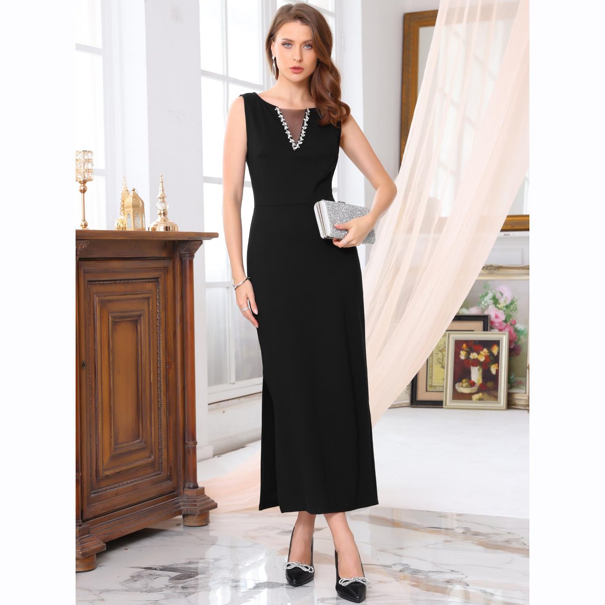 Женские платья INSPIRE CHIC Women's Sleeveless Formal Mesh Boat Neck Cocktail Evening Wedding Guest Maxi Dress X-Large Black — фото 3