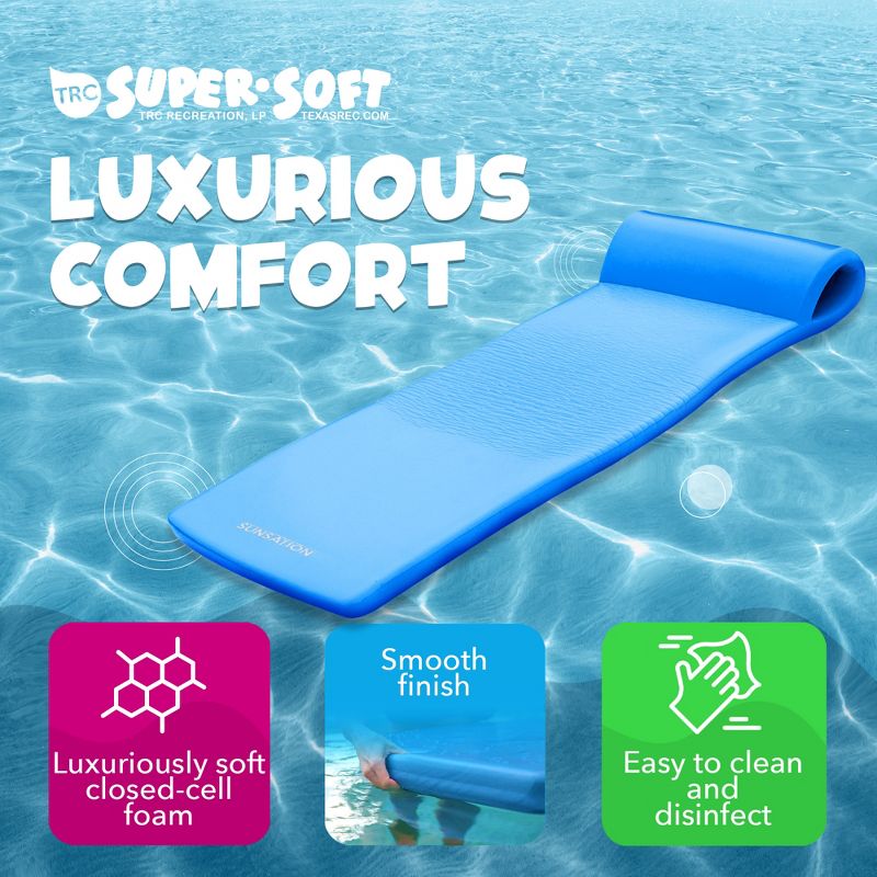 TRC Recreation Sunsation 1.75” Thick Vinyl Coated Foam Swimming Pool Float Mat Adult Lounger with Built-In Roll Pillow, Bahama Blue, 3 of 7