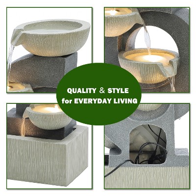Gray and Cream Cascading Bowls Resin Outdoor Fountain with LED Lights
