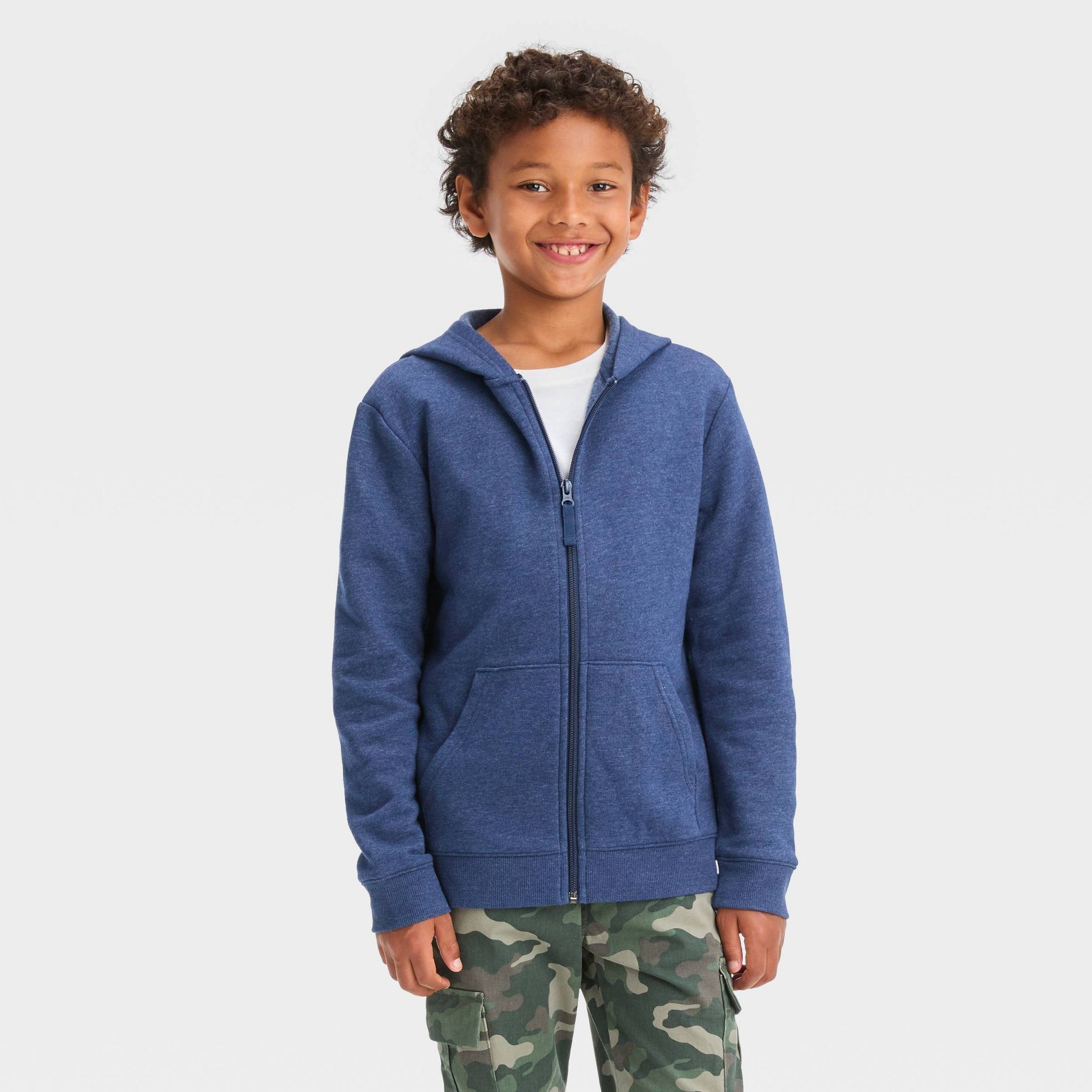 Boys' Fleece Zip-Up Sweatshirt - Cat & Jack™ Navy Blue M: Heavyweight with Kangaroo Pocket