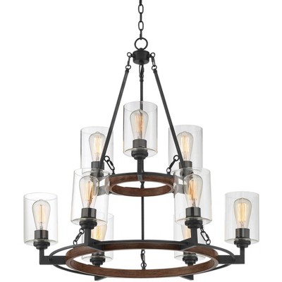 Franklin Iron Works Bronze Wood Wagon Wheel Chandelier 28 1/4" Wide 9-Light Farmhouse Rustic Clear Glass Dining Room House Foyer