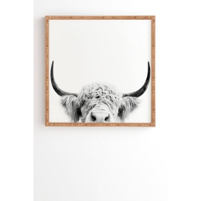 12" x 12" Sisi and Seb Peeking Highland Cow Framed Wall Art Gray - Deny Designs