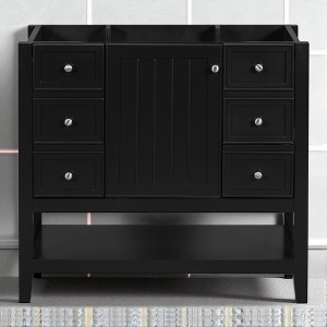 36" Freestanding Bathroom Vanity Base Only, Black Solid Wood & MDF Cabinet with 1 Door, 3 Drawers & Open Shelf, No Sink - 1 of 4