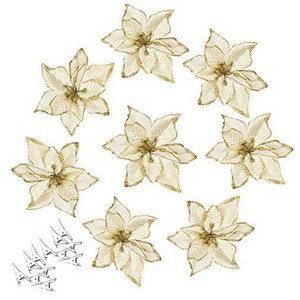 Aoibox 12pcs 5.5 inch Glitter Poinsettia Christmas Tree Ornaments Artificial Flowers for Xmas Tree Wreath Holiday Decor Gold - 1 of 4