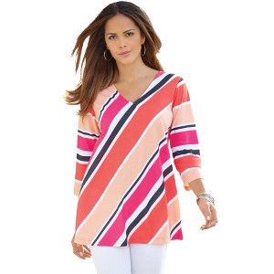 Roaman's Women's Plus Size Diagonal Stripe V-Neck Tee - 1 of 4