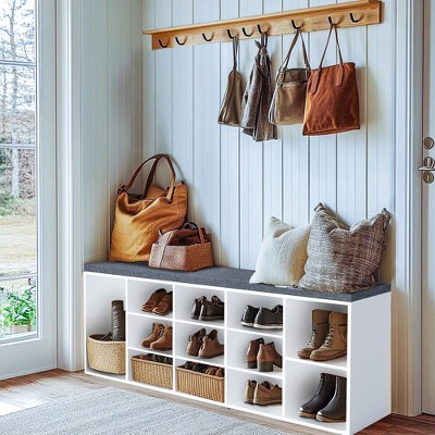 13 Pair Shoe Storage Bench with Adjustable Shelves for Entryway, White