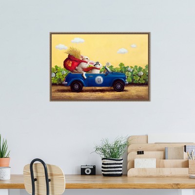 Whimsical Bunnies in Blue Car Framed Canvas Print