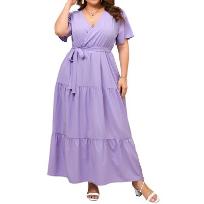 MISSKY Women Plus Size Wrap Dress High Waist Short Sleeve Ruffle Casual Summer Maxi Dresses with Belt