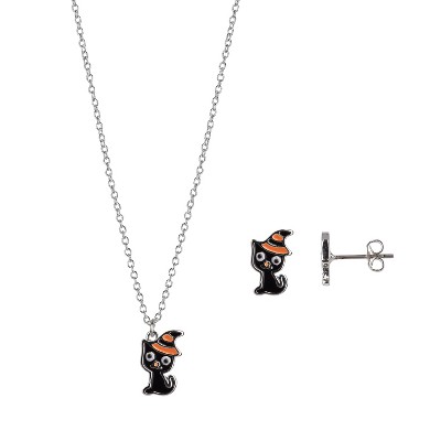 FAO Schwarz Halloween Enamel Black Cat w/Orange Witches Hat Necklace and Earring Set
