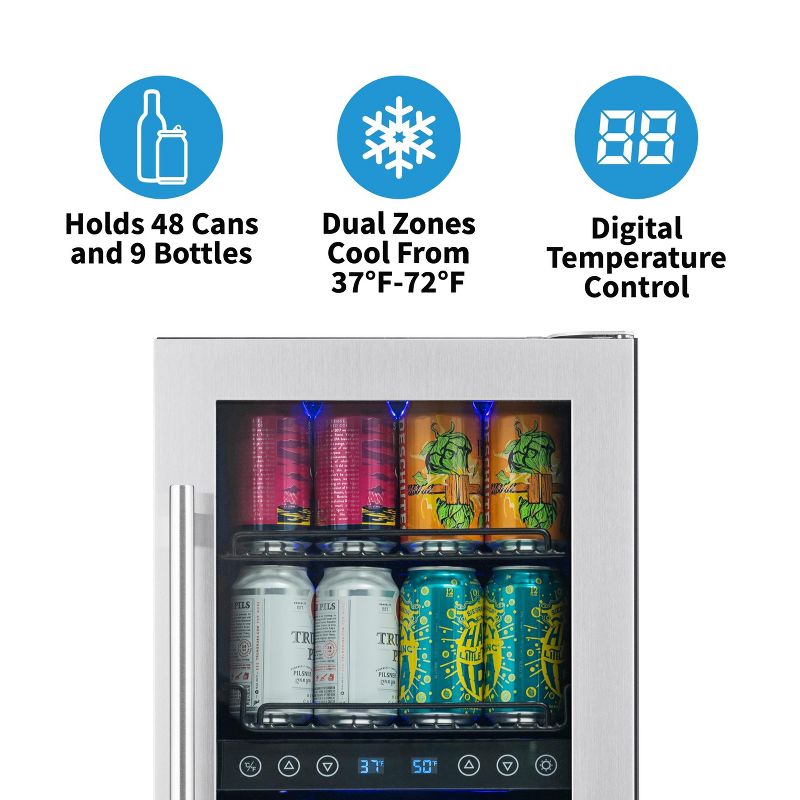Newair 15" Built-in Dual Zone Fridge 9 Bottle and 48 Can Wine and Beverage Refrigerator in Stainless Steel, Drinks and Wine Combination Cooler, 5 of 16