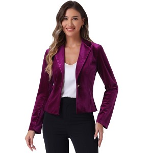 INSPIRE CHIC Women's 1 Button Lapel Collar Business Office Crop Suit Velvet Blazer - 1 of 4